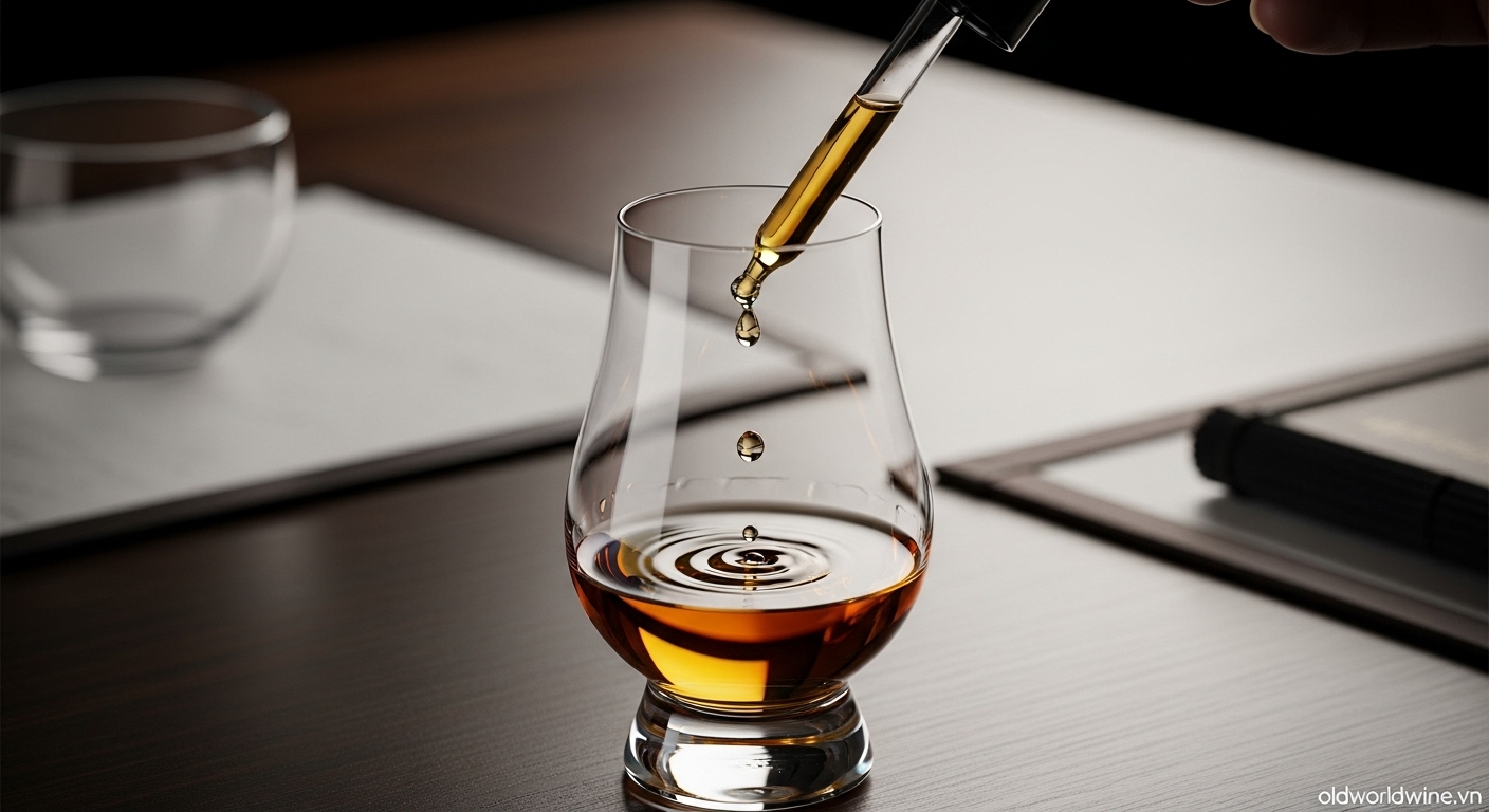 Hình ảnh nghệ thuật ghi lại khoảnh khắc nhỏ giọt nước tinh khiết vào ly whisky Hibiki, làm nổi bật sự tinh tế trong cách thưởng thức, giúp giải phóng các tầng hương tiềm ẩn trong rượu, với bố cục tối giản và ánh sáng ấm sang trọng.