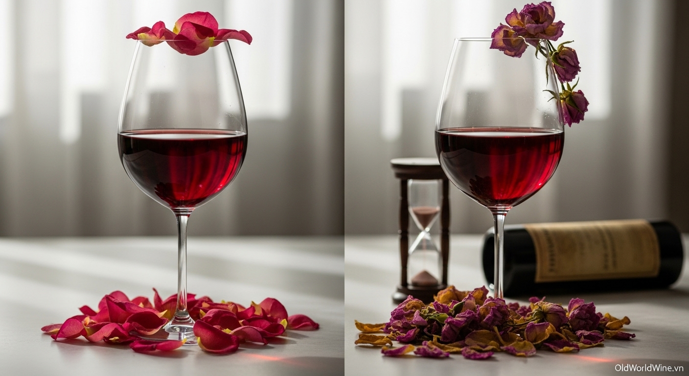 So sánh hai ly rượu – một ly rượu vang trẻ với hương hoa hồng tươi, và một ly rượu trưởng thành với hương hoa hồng khô – minh họa sự phát triển của hương hoa trong rượu theo thời gian.