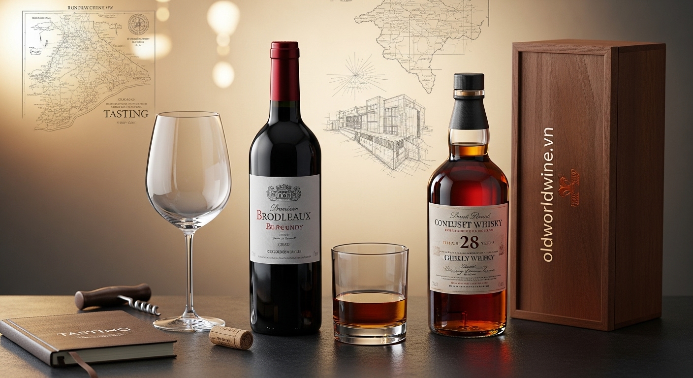 Hình minh họa các tiêu chí xác định rượu cao cấp: chai rượu vang và whisky thượng hạng, phụ kiện sang trọng và ánh sáng tinh tế – phản ánh giá trị, xuất xứ, chất lượng và trải nghiệm thưởng thức.