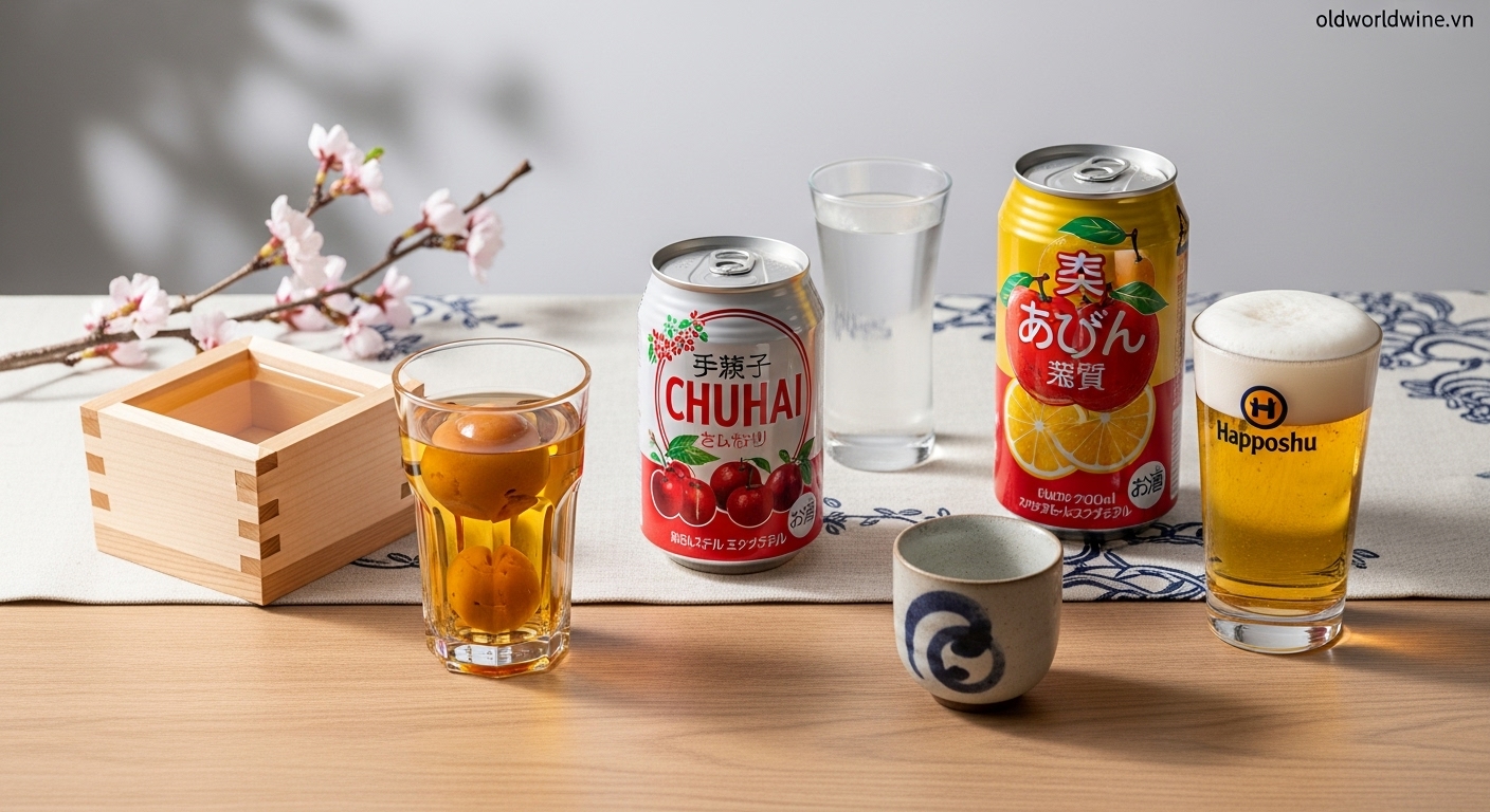 Bộ sưu tập rượu Nhật gồm Sake, Shochu, Umeshu, Chuhai và Happoshu, trình bày tinh tế trên nền vải truyền thống Nhật, tượng trưng cho sự giao thoa giữa cổ điển và hiện đại.
