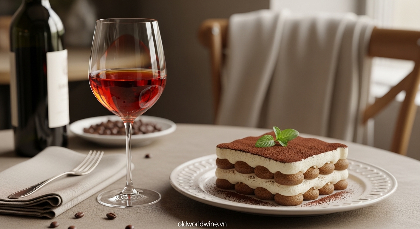 Tiramisu kết hợp rượu vang – trải nghiệm tráng miệng đậm chất Ý và tinh tế.