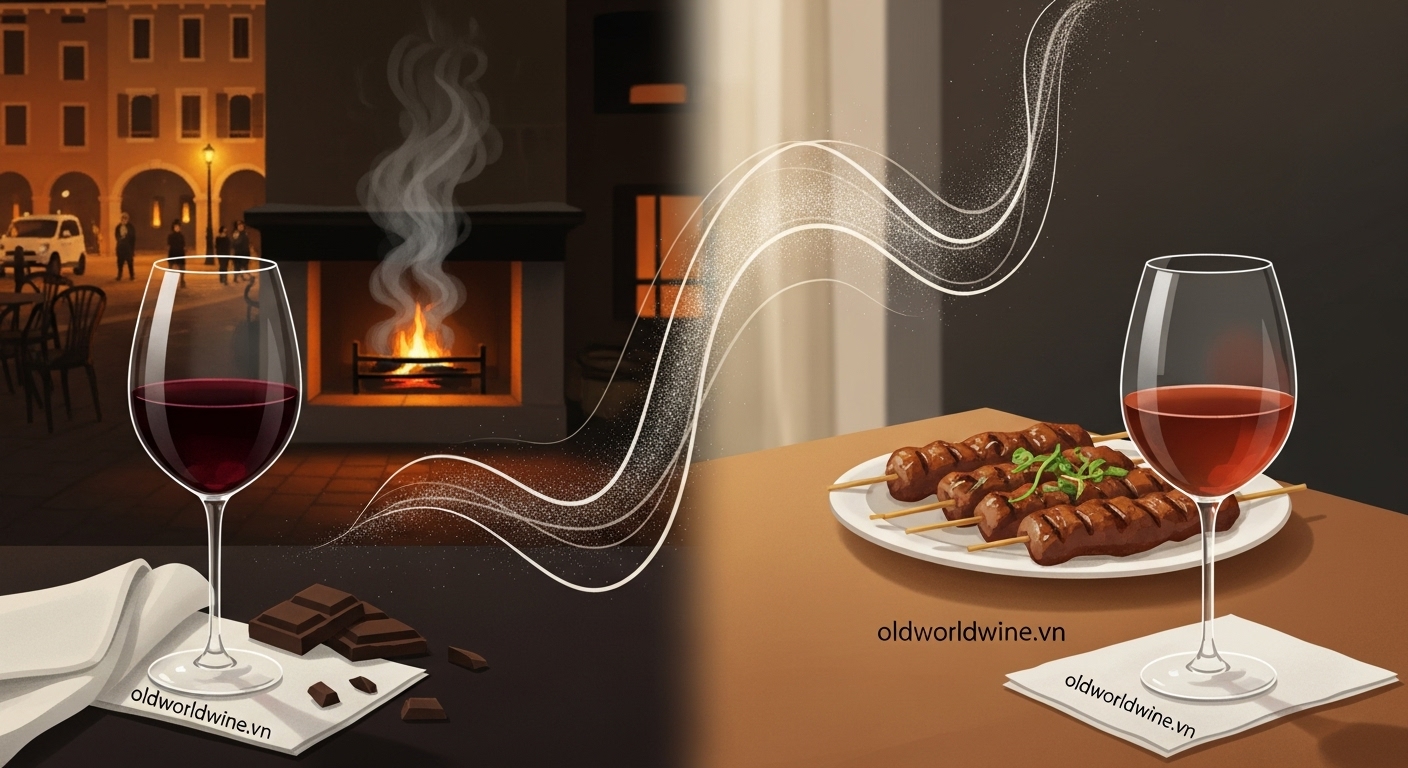 Hình minh họa cảm xúc về trải nghiệm ghép đôi rượu vang: Amarone với sô cô la đắng trong mùa đông Verona và Pinot Noir cùng nem lụi Việt Nam – biểu tượng của sự bất ngờ và tinh tế trong nghệ thuật pairing.
