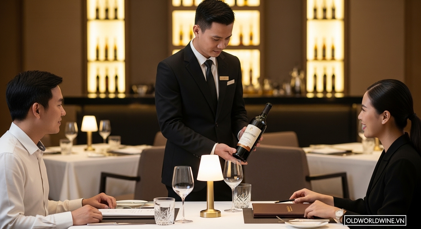 Hình ảnh sommelier chuyên nghiệp giới thiệu rượu vang cao cấp tại nhà hàng Fine Dining, đại diện cho trải nghiệm HORECA sang trọng.