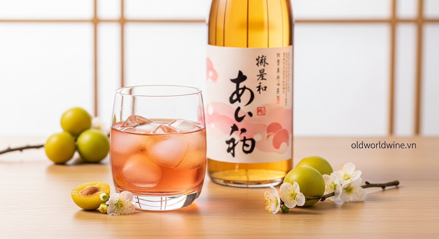 Ly Umeshu màu vàng hồng bên cạnh quả mận Ume và hoa mận, tạo nên hình ảnh ngọt ngào, thanh lịch đặc trưng của rượu mùi Nhật Bản.