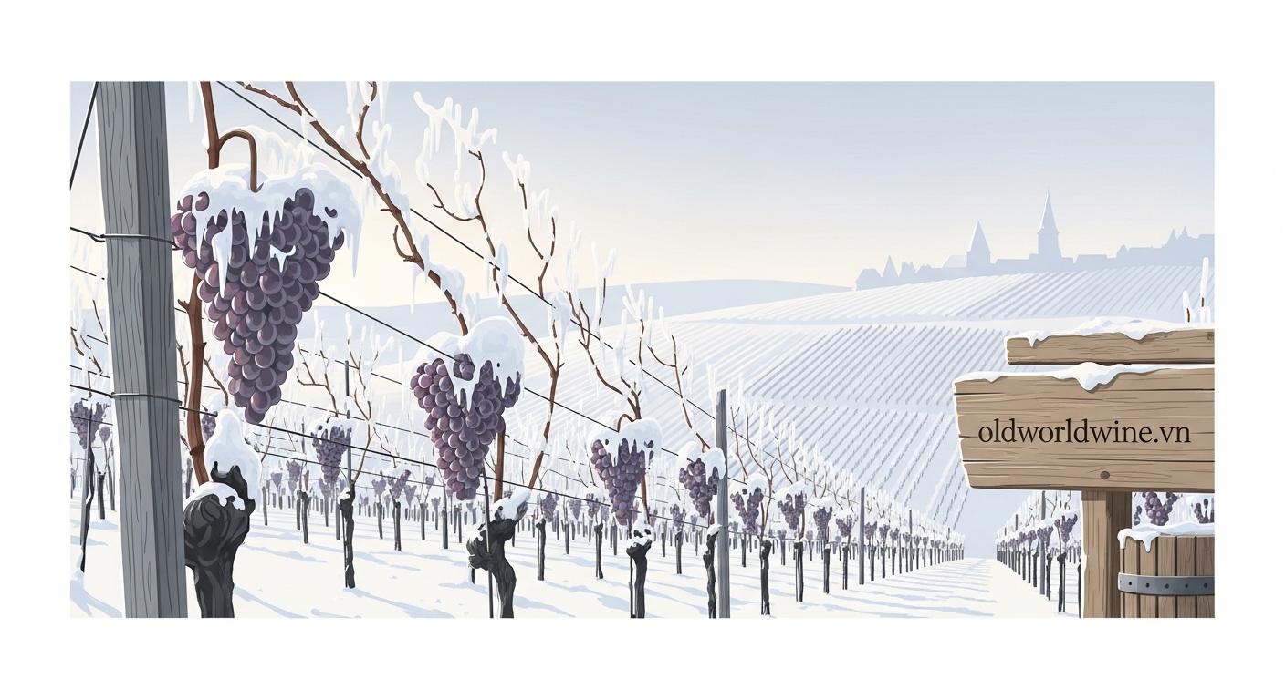 Vườn nho Riesling mùa đông tại Mosel – Đức, nơi khai sinh rượu vang băng (Eiswein)