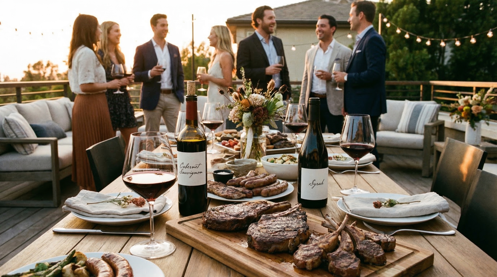 Vang đỏ đậm đà dùng cho tiệc sinh nhật BBQ với thịt bò nướng và sườn cừu