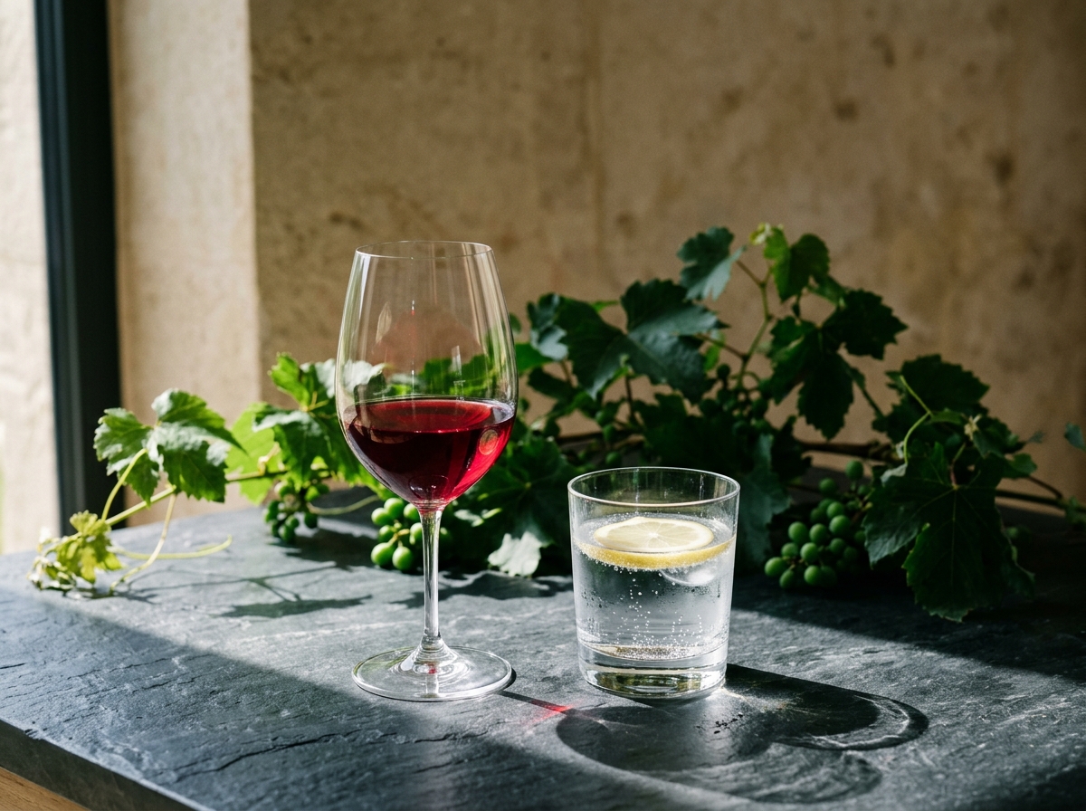 Một ly rượu vang đỏ hữu cơ (Organic Red Wine) đặt cạnh một ly pha lê chứa nước lọc tinh khiết có một lát chanh mỏng, ngụ ý cho nguyên tắc "cân bằng nước và cồn". Đặt trên mặt bàn đá phiến nhám (slate) màu xám đen sang trọng.