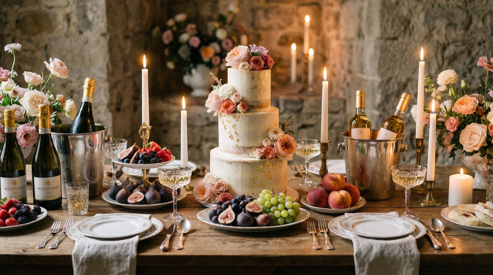 Vang ngọt kết hợp bánh sinh nhật và trái cây tráng miệng