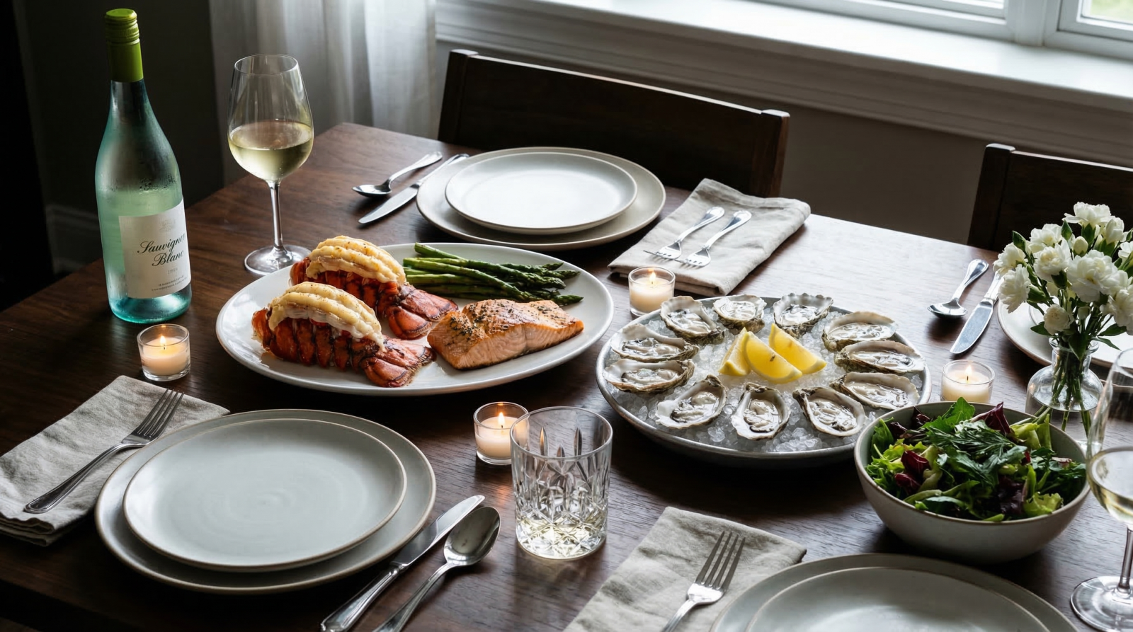 Vang trắng kết hợp hải sản trong tiệc sinh nhật với tôm hùm cá hồi và salad