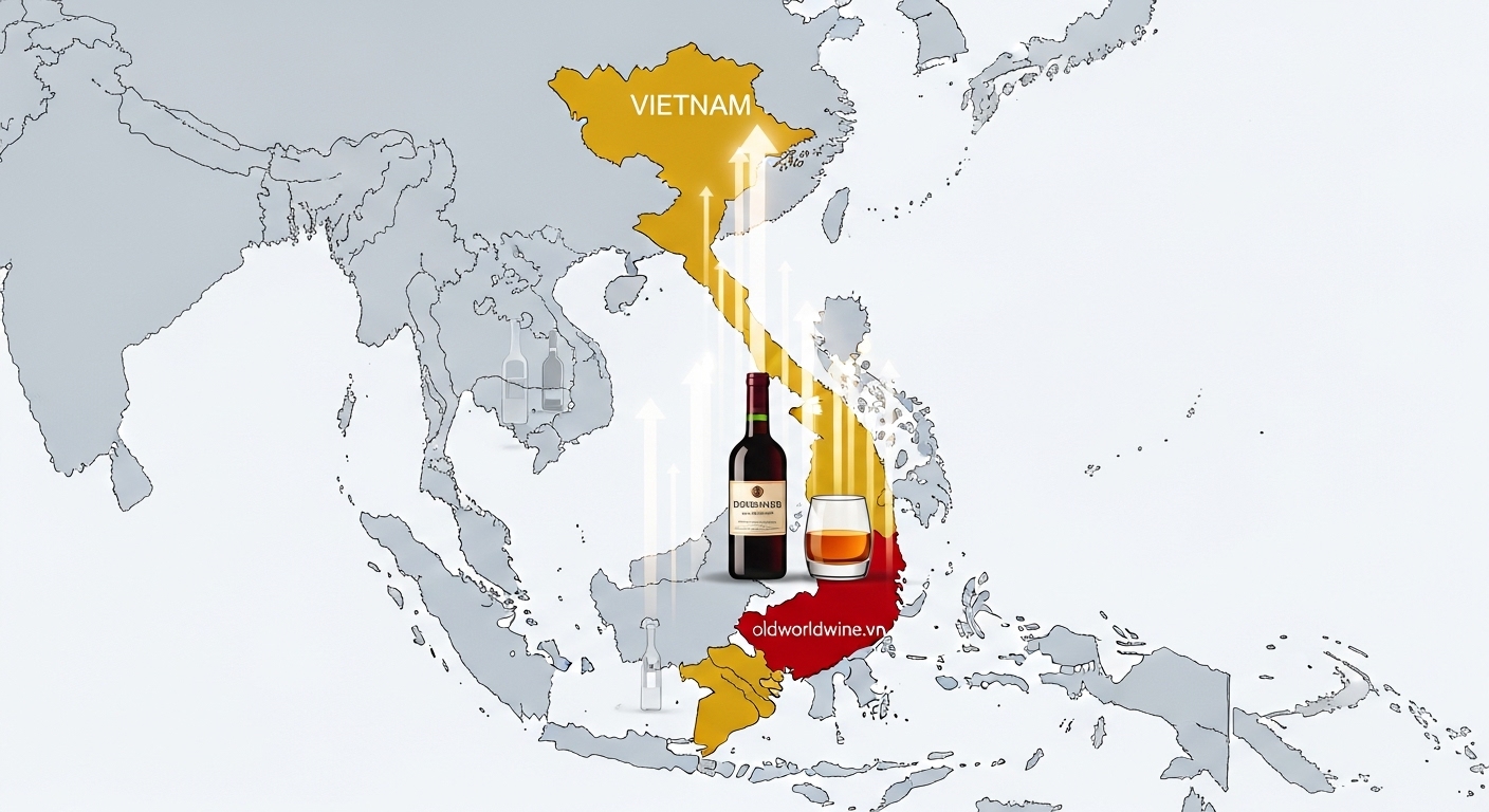 Bản đồ Đông Nam Á với Việt Nam được làm nổi bật như một thị trường đồ uống có cồn cao cấp đang tăng trưởng nhanh, thu hút đầu tư quốc tế – nổi bật so với các nước láng giềng như Thái Lan, Philippines.