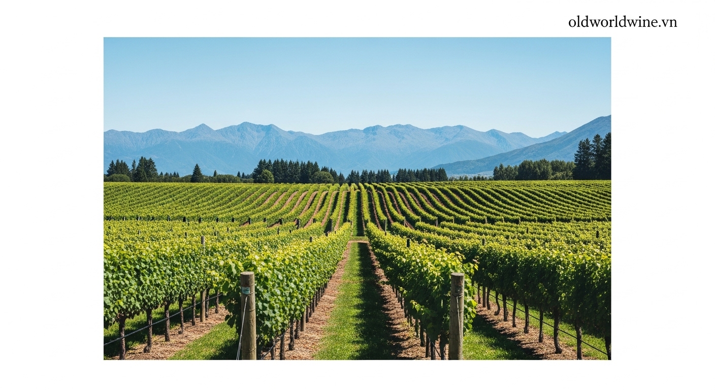 Vườn nho Marlborough, New Zealand với dãy núi phía sau