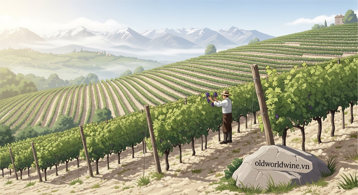 Vườn nho Nebbiolo tại Piemonte trên sườn đồi đá vôi dưới chân dãy Alps