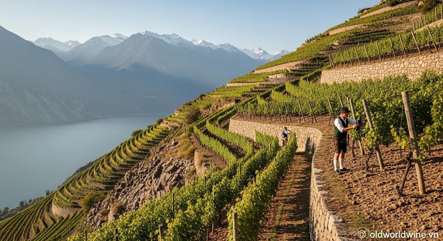 Cảnh vườn nho trên sườn dốc vùng Trentino-Alto Adige với núi Alps và thổ nhưỡng đa dạng