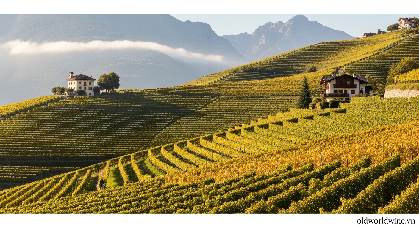 Cảnh vườn nho vùng Trentino-Alto Adige dưới chân dãy Alps với kiến trúc mang nét giao thoa văn hóa Ý và Áo