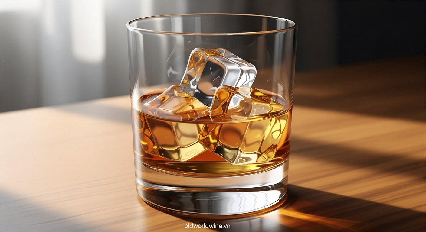 Ly whisky Chivas Regal với đá viên lớn, ánh sáng nhẹ tạo cảm giác mát lạnh và sảng khoái, thích hợp để thưởng thức thư giãn.