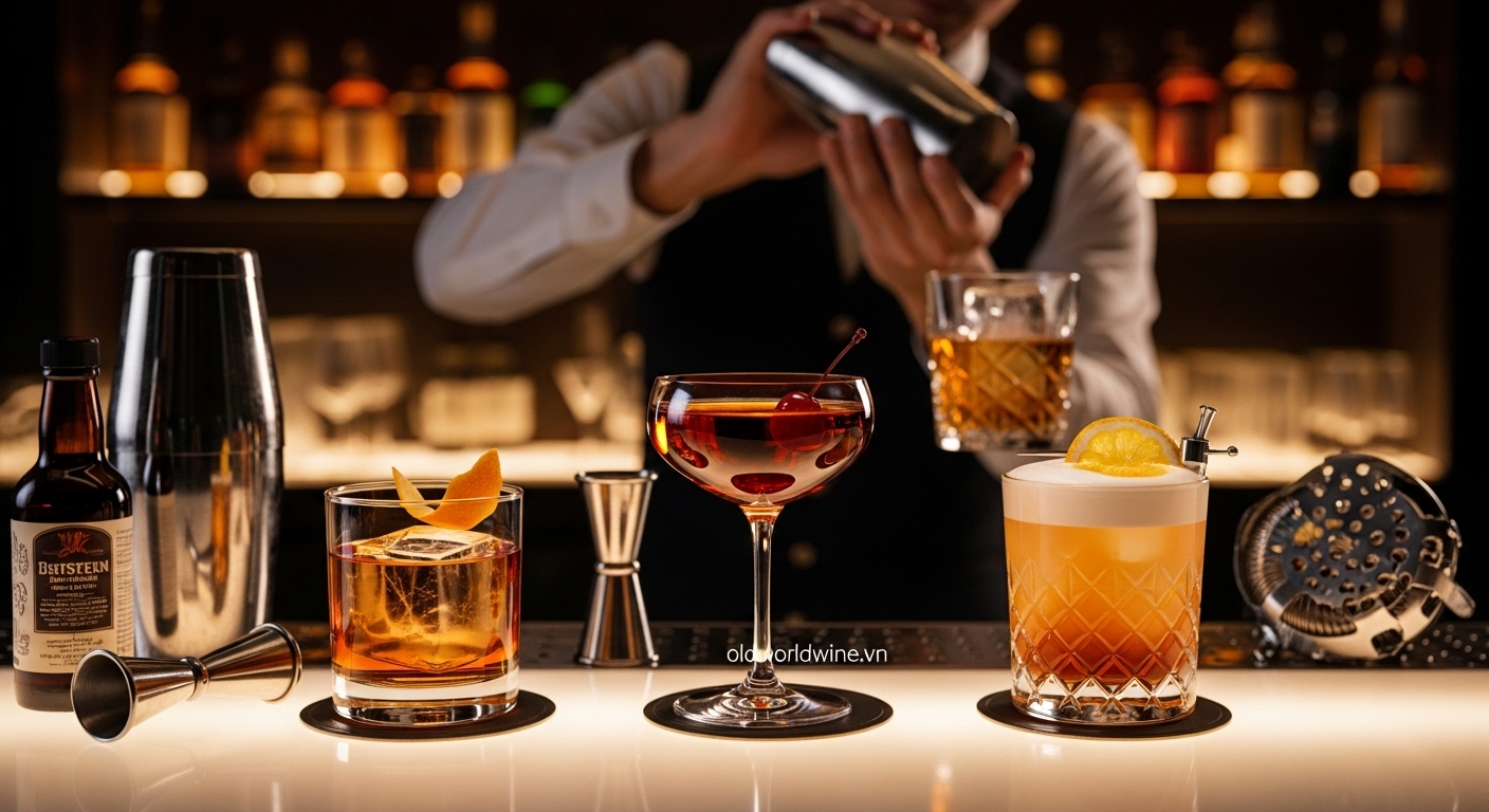 Hình ảnh quầy bar hiện đại với ba loại cocktail whisky kinh điển – Old Fashioned, Manhattan và Whisky Sour – được trang trí tinh tế, phản ánh xu hướng thưởng thức whisky sáng tạo của giới trẻ Việt Nam.