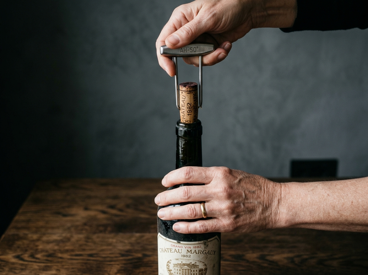 Cận cảnh một thao tác tinh tế: đôi bàn tay đang khéo léo sử dụng dụng cụ khui hai lá (Ah-So) để rút một chiếc nút bần vintage nguyên vẹn ra khỏi cổ chai.