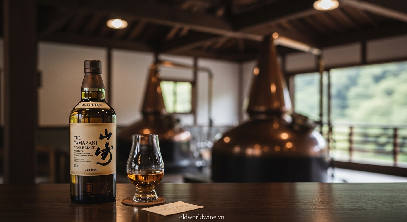 Hình ảnh nhà máy chưng cất Yamazaki tại Kyoto với chai rượu Yamazaki Single Malt, phối cảnh gợi không gian truyền thống Nhật Bản và nghệ thuật chưng cất whisky, kèm watermark oldworldwine.vn tinh tế.