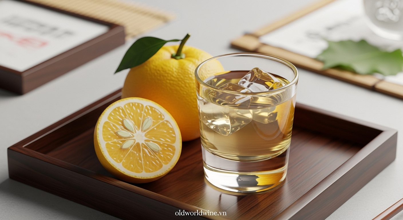 Ly rượu Yuzushu vàng nhẹ bên quả Yuzu tươi, gợi hương thơm thanh mát đặc trưng của rượu mùi Nhật Bản.
